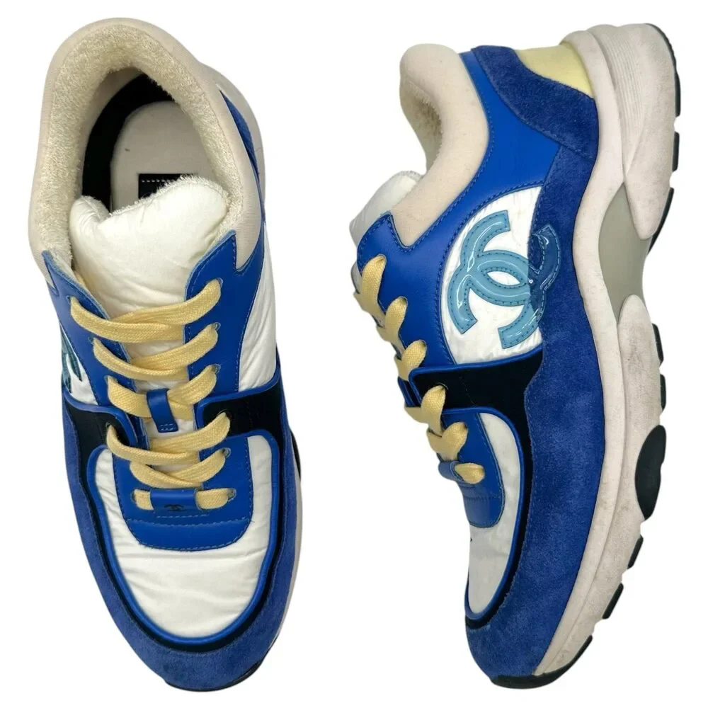 Chanel Cobalt Blue & Butter Yellow Logo Sneakers